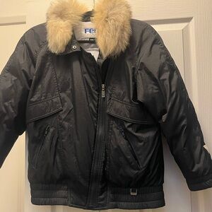 Womens Black Down Jacket with Faux Fur Collar
